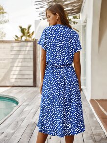 Breezaya Dalmatian Print Drawstring Waist A-line Dress - Royal Blue - View 2