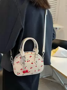 女士时尚简约樱桃印花贝壳女包小众设计可爱通勤约会手提包，时尚女士商务休闲包，非常适合办公室、商务和工作，卡哇伊樱桃元素情人节 - 彩色 - 查看 3