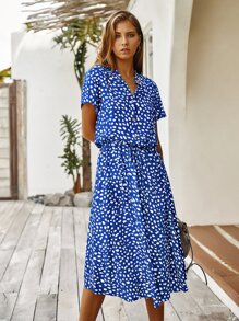 Breezaya Dalmatian Print Drawstring Waist A-line Dress - Royal Blue - View 4
