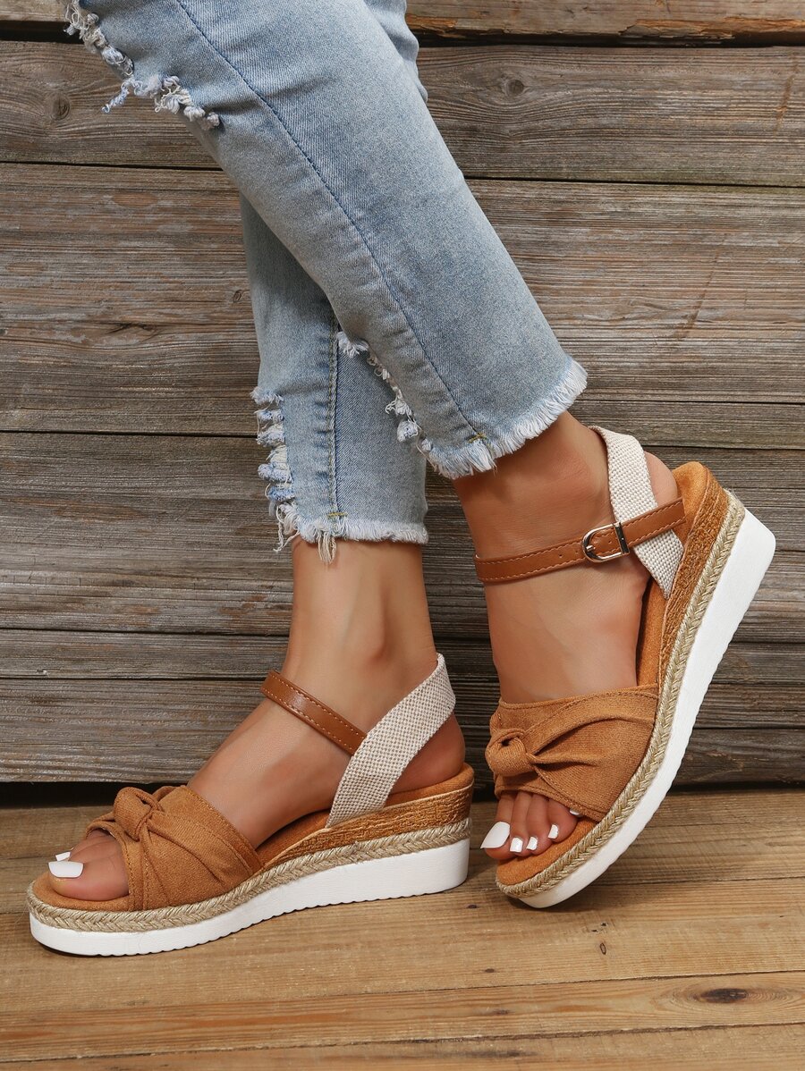 Color Block Knot Detail Espadrille Ankle Strap Wedge Sandals - Brown - View 1
