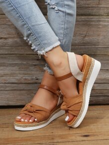 Color Block Knot Detail Espadrille Ankle Strap Wedge Sandals - Brown - View 2