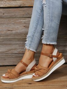 Color Block Knot Detail Espadrille Ankle Strap Wedge Sandals - Brown - View 4