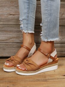 Color Block Knot Detail Espadrille Ankle Strap Wedge Sandals - Brown - View 5