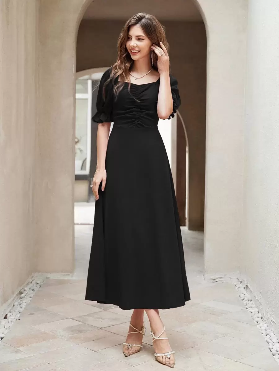 Modelyn Ruched Puff Sleeve A-Line Dress Maxi Women Outfit Long Evening Dresses - Black - View 1