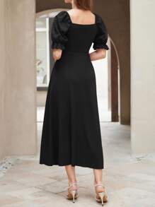 Modelyn Ruched Puff Sleeve A-Line Dress Maxi Women Outfit Long Evening Dresses - Black - View 2