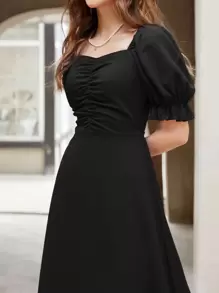 Modelyn Ruched Puff Sleeve A-Line Dress Maxi Women Outfit Long Evening Dresses - Black - View 3