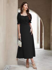 Modelyn Ruched Puff Sleeve A-Line Dress Maxi Women Outfit Long Evening Dresses - Black - View 6