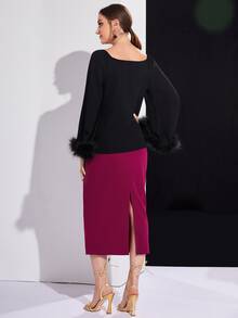 Modelyn Contrast Fuzzy Cuff Top & Ruffle Trim Ruched Split Back Skirt - Multicolor - View 2