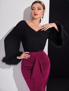 Modelyn Contrast Fuzzy Cuff Top & Ruffle Trim Ruched Split Back Skirt - Multicolor - View 3