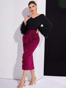 Modelyn Contrast Fuzzy Cuff Top & Ruffle Trim Ruched Split Back Skirt - Multicolor - View 5