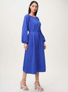 Mulvari Vestido con cinturón de manga farol con bolsillo oculto