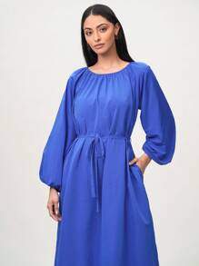 Mulvari Vestido con cinturón de manga farol con bolsillo oculto