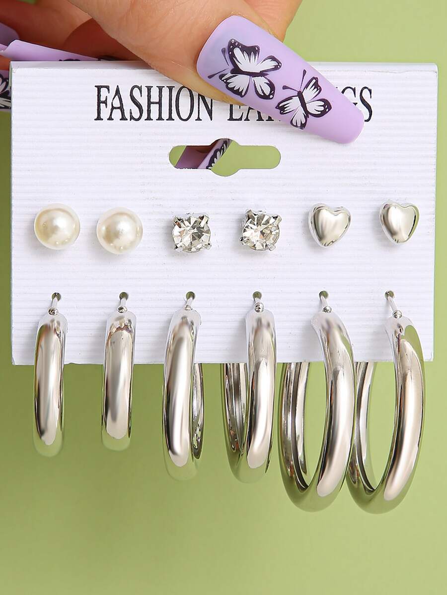 6 cặp Hoa tai trang trí bằng ngọc trai và giả ngọc trai - Bạc - Xem 1