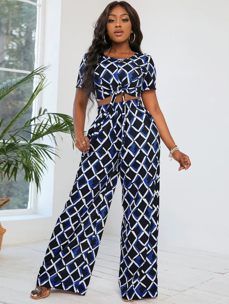 SHEIN Clasi 菱形印花前打結T恤附闊腿褲 - 彩色 - 查看 1