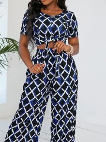 SHEIN Clasi 菱形印花前打結T恤附闊腿褲 - 彩色 - 查看 5