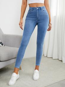 SHEIN PETITE Solid Zipper Fly Skinny Jeans - Medium Wash - View 1