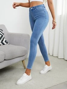 SHEIN PETITE Solid Zipper Fly Skinny Jeans - Medium Wash - View 4