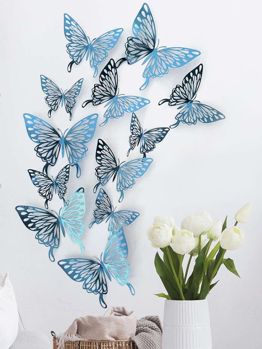 12 件镂空蝴蝶贴纸、贴纸、墙贴、乙烯基贴花用于家居装饰、春季装饰品让您的家焕然一新、节日装饰贴纸礼物生日毕业 - 藍色 - 查看 1