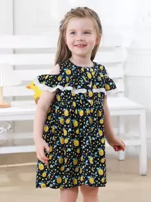 Toddler Girls Polka Dot & Fruit Print Contrast Lace Cold Shoulder Smock Dress