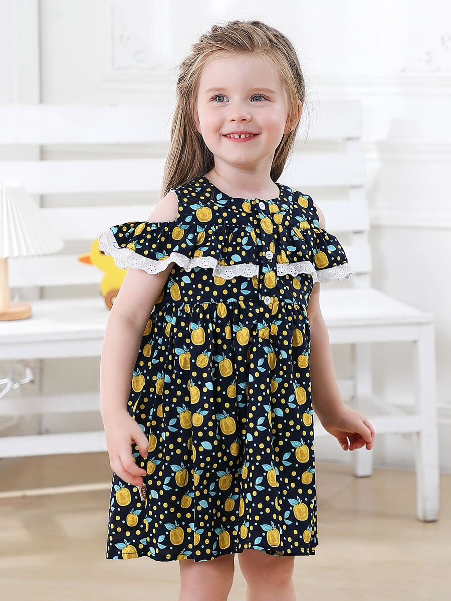 Toddler Girls Polka Dot & Fruit Print Contrast Lace Cold Shoulder Smock Dress