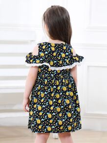 Toddler Girls Polka Dot & Fruit Print Contrast Lace Cold Shoulder Smock Dress
