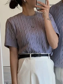 DAZY Textured Round Neck Knit Top - Mauve Purple - View 1