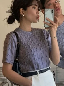 DAZY Textured Round Neck Knit Top - Mauve Purple - View 3