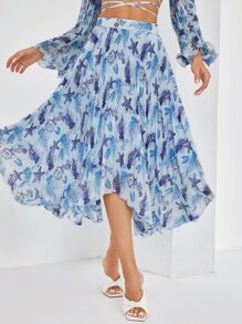 海星和海馬印花手帕下擺百褶半身裙 - 彩色 - 查看 1