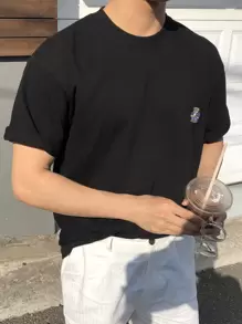 DAZY Men Cotton Cartoon Bear Embroidered Tee - Black - View 1