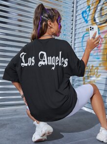 SHEIN Unity 字母图案落肩 T 恤 图案 T 恤 女式上衣 - 黑色 - 查看 2