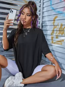 SHEIN Unity 字母图案落肩 T 恤 图案 T 恤 女式上衣 - 黑色 - 查看 3