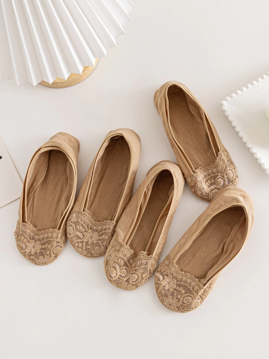 5pairs Contrast Lace Invisible Socks - Coffee Brown - View 1