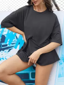INAWLY Áo thun oversize vai trễ vai trơn, dành cho cả nam và nữ - Màu xám đen - Xem 3