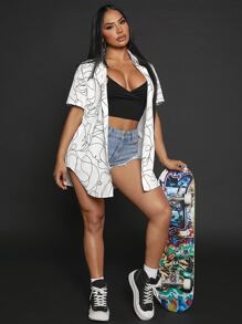 SHEIN SXY Abstract Figure Graphic Curved Hem Shirt - White - View 3