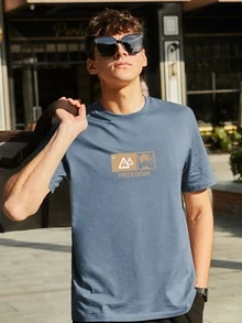 Hombres Camiseta con estampado de figura y letra - Neblina azul - Ver 3