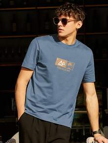 Hombres Camiseta con estampado de figura y letra - Neblina azul - Ver 4