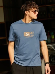 Hombres Camiseta con estampado de figura y letra - Neblina azul - Ver 5