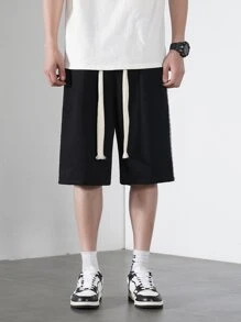 Men Contrast Tape Drawstring Waist Shorts - Black - View 3