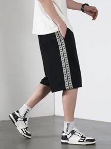 Men Contrast Tape Drawstring Waist Shorts - Black - View 4