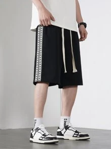 Men Contrast Tape Drawstring Waist Shorts - Black - View 5