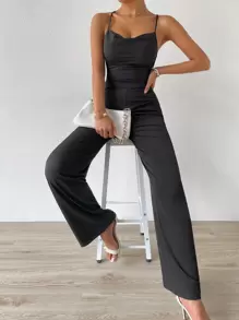 Chiquease Draped Collar Lace Up Backless Cami Jumpsuit - Black - View 3