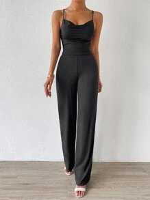 Chiquease Draped Collar Lace Up Backless Cami Jumpsuit - Black - View 1
