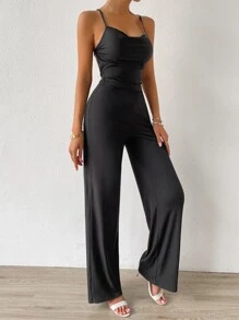 Chiquease Draped Collar Lace Up Backless Cami Jumpsuit - Black - View 6