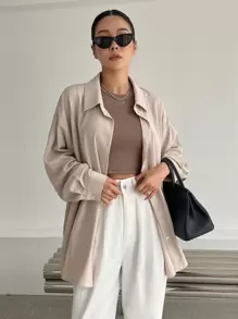 DAZY Áo sơ mi dài tay trễ vai, gấu cao thấp - Màu be - Xem 1