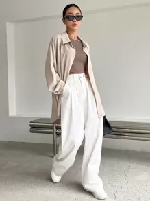 DAZY Áo sơ mi dài tay trễ vai, gấu cao thấp - Màu be - Xem 6