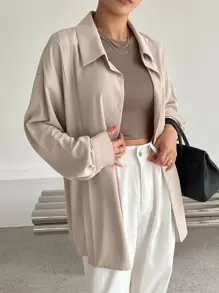 DAZY Áo sơ mi dài tay trễ vai, gấu cao thấp - Màu be - Xem 7