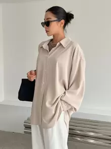 DAZY Áo sơ mi dài tay trễ vai, gấu cao thấp - Màu be - Xem 8