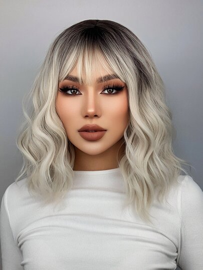 Brown Gradient White Blonde Short Wavy Wigs With Bangs Hair 14 Inch Women's Wigs Synthetic Heat Resistant Wigs Daily Used Hair Beginner Friendly,Suitable For Various Occasions, Including New Year, Parties, Vacations, Winter