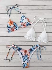 Swim Vcay 夏季海滩随机热带印花比基尼套装荷叶边吊带三角胸罩上衣和系带侧比基尼下装 3 件套比基尼 - 彩色 - 查看 1