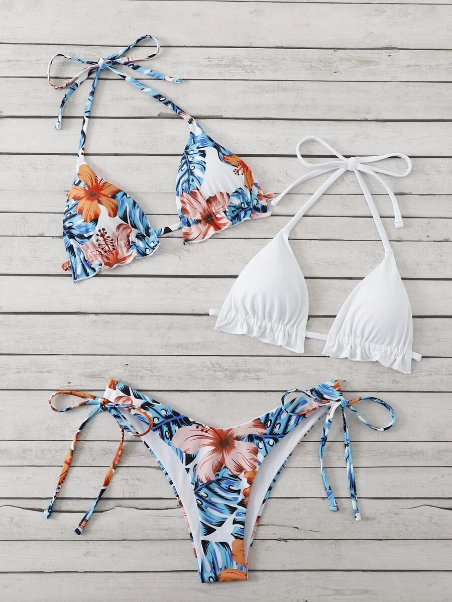 Swim Vcay 夏季海滩随机热带印花比基尼套装荷叶边吊带三角胸罩上衣和系带侧比基尼下装 3 件套比基尼 - 彩色 - 查看 1